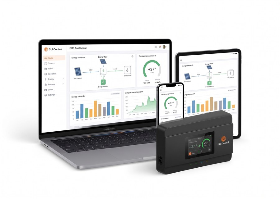 Panel EMS SolControl na komputerze, tablecie i telefonie